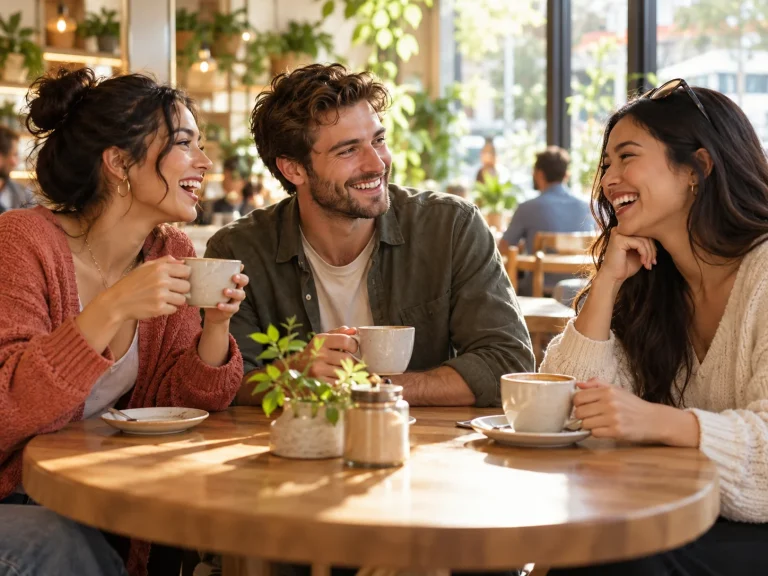 Three friends sharing coffee at a cafe, illustrative image