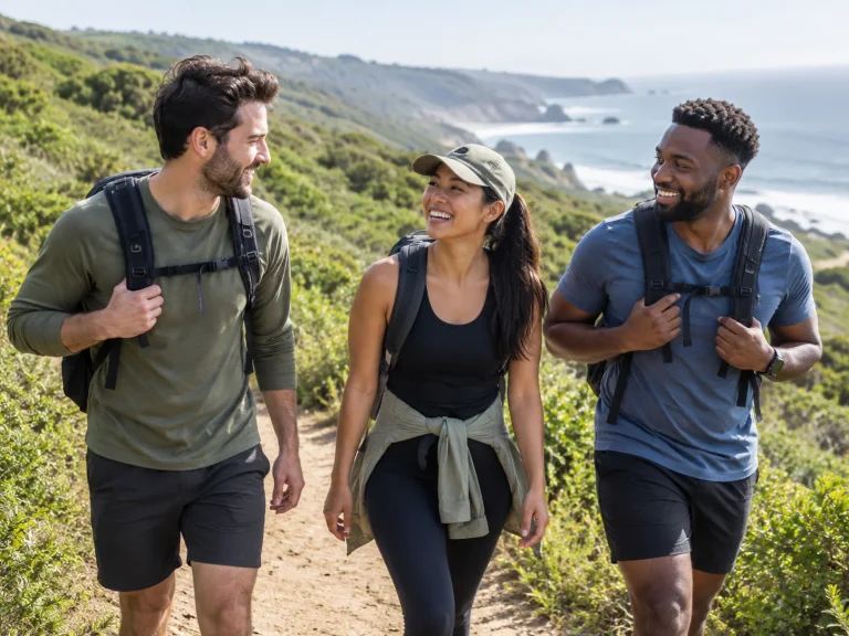 Three friends hiking on a coastal trail, illustrative image
